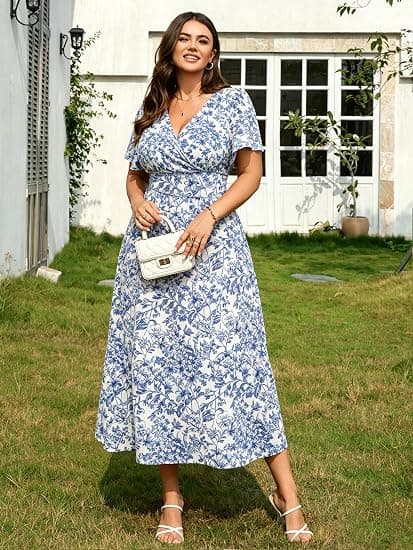RWJ Plus Size Dresses for Women 2026 Summer Floral Wrap V Neck Maxi Dress | Short Sleeve, Long Flowy, Pockets, A Line, Boho, Lightweight, Casual, Beach Vacation Dress, Spring, Formal, Wedding Guest XXL