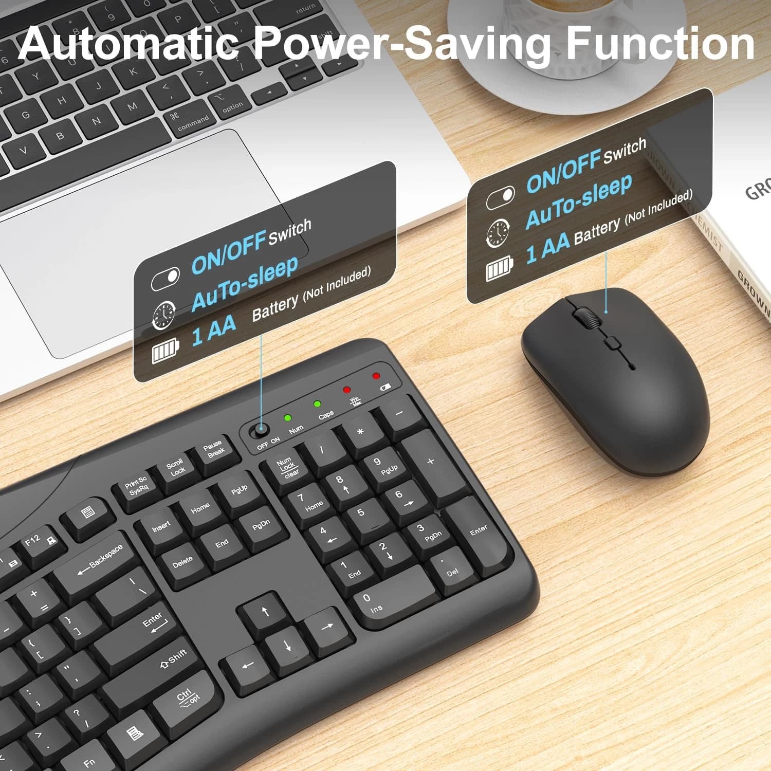 Wireless Keyboard and Mouse Combo, 2.4G Full Size Quiet Ergonomic Black