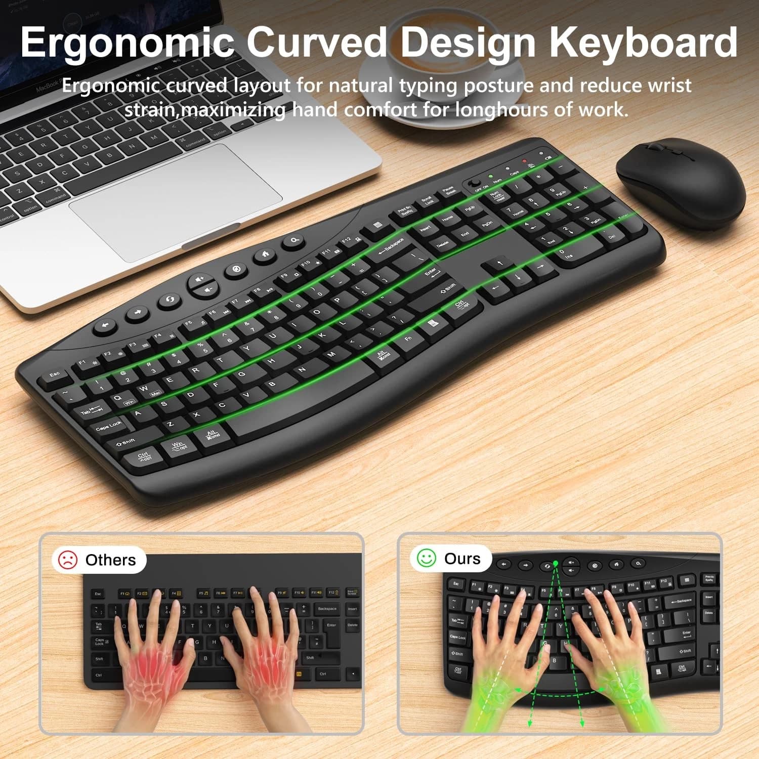 Wireless Keyboard and Mouse Combo, 2.4G Full Size Quiet Ergonomic Black